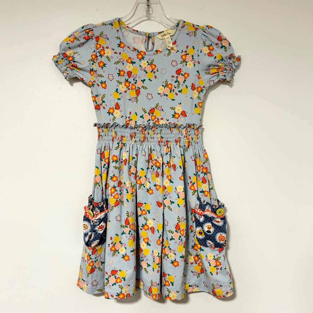 Matilda Jane Girls Blue Floral Smocked Waist Puff Sleeve Dress Size 6